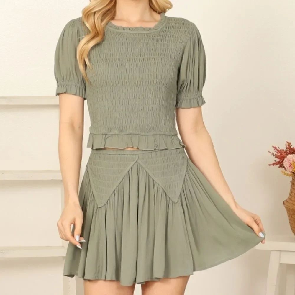 Matching Set Olive Smocked TopSkirt Feminine Frilly Sweet S M